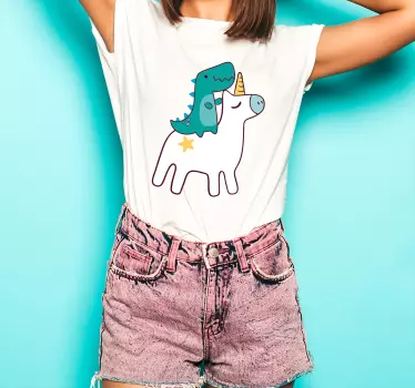 Unicorn och dinosaurie tecknad design t-shirt - Tenstickers