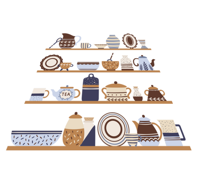 Vinylmatta kök med hyllor och porslin - Tenstickers