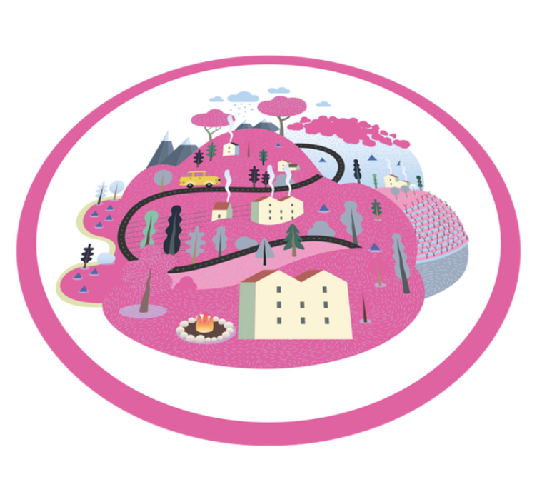 Rosa berg med hus barn vinyl matta - Tenstickers