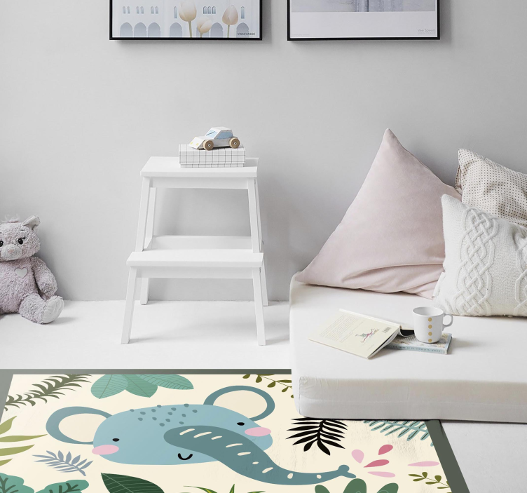 Barn glad elefant och växter barn vinyl matta - Tenstickers