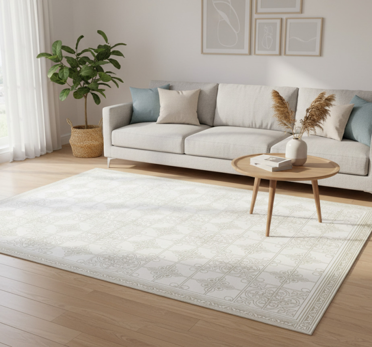 Vinylmatta vardagsrum beige ornate mat - Tenstickers