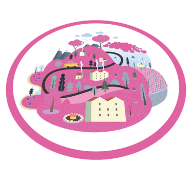 Rosa berg med hus barn vinyl matta - Tenstickers