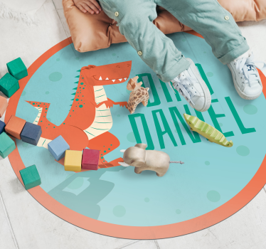 Orange dinosaurie med text och namn personlig vinyl matta - Tenstickers