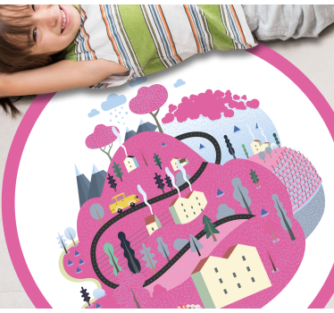 Rosa berg med hus barn vinyl matta - Tenstickers