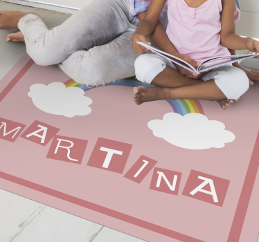 Rosa regnbåge och moln med namn personlig vinyl matta - Tenstickers