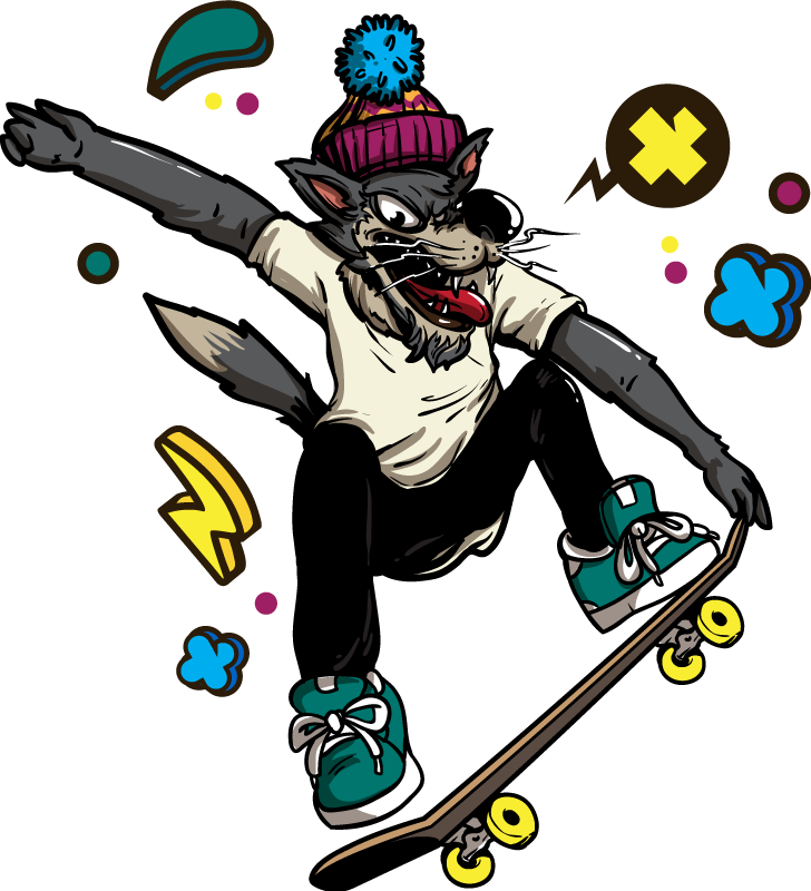 Vinylmatta djur varg på skateboard - Tenstickers