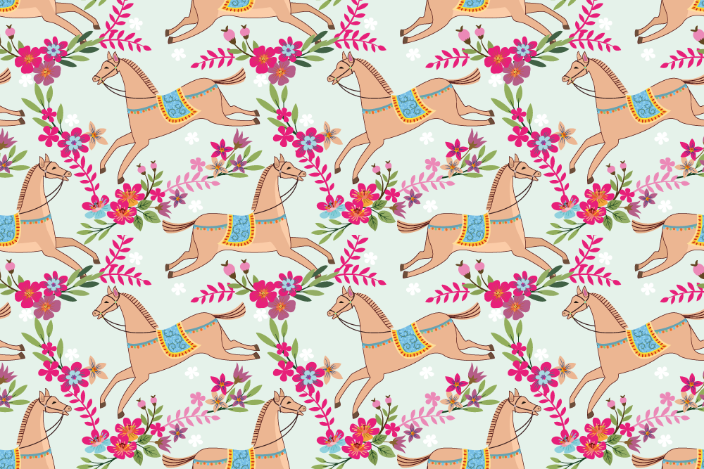 Vinylmatta djur rosa blommor hästmönster - Tenstickers