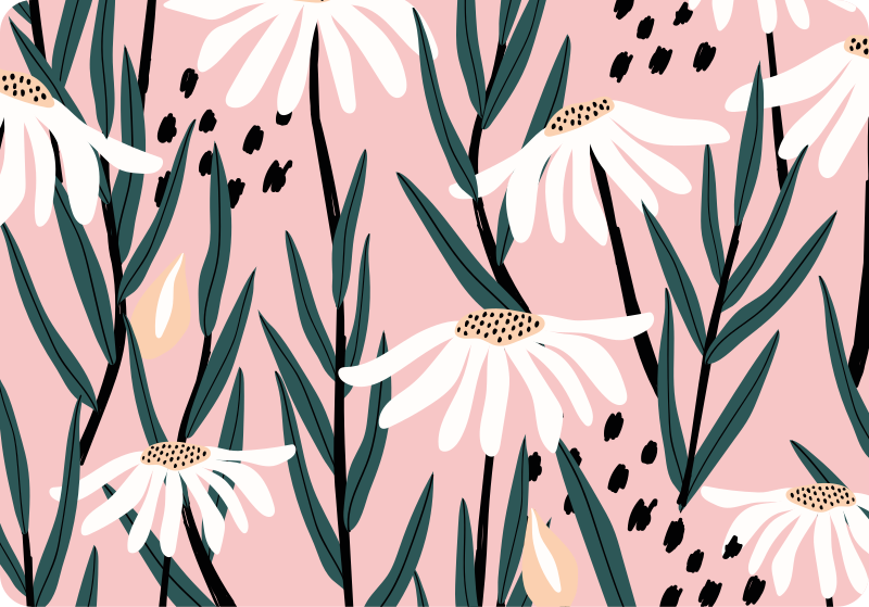 Vinylmatta blommor och växter prästkragar rosa bakgrund - Tenstickers