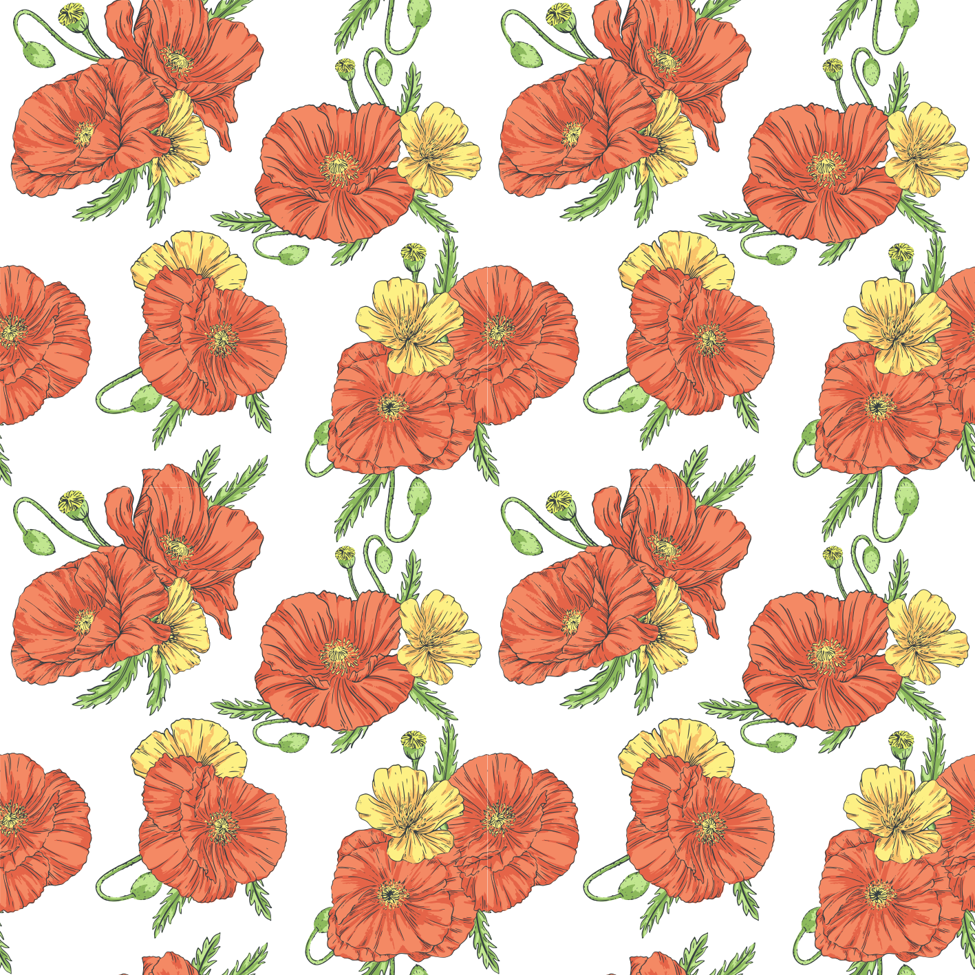 Vinylmatta blommor och växter med vallmo på vit bakgrund - Tenstickers