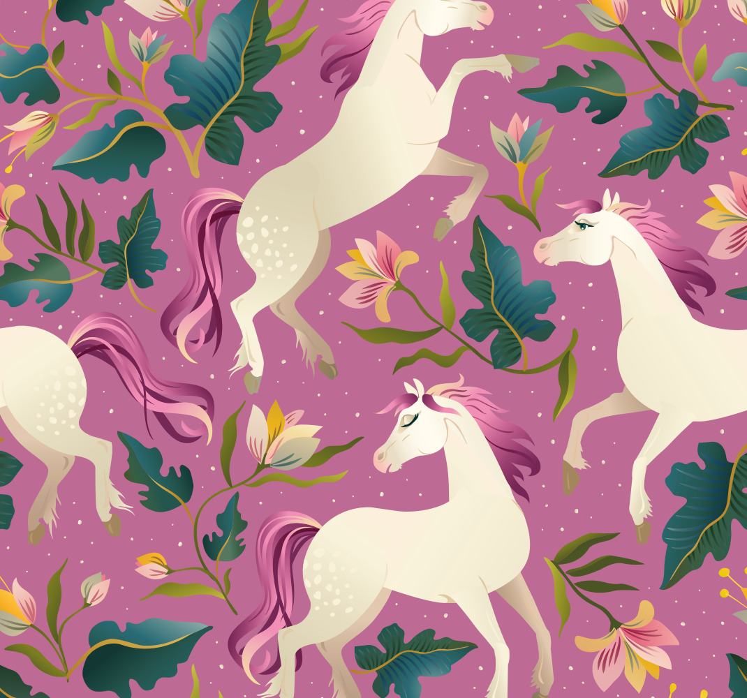 Vinylmatta sovrum rosa och blommig hästdesign - Tenstickers