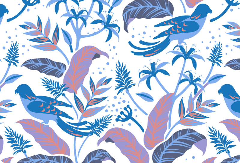 Vinylmatta natur med blåa och rosa fåglar på blad - Tenstickers