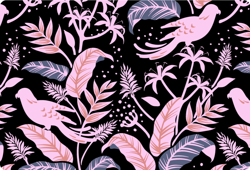 Vinylmatta blommor och växter svarta och rosa fåglar - Tenstickers