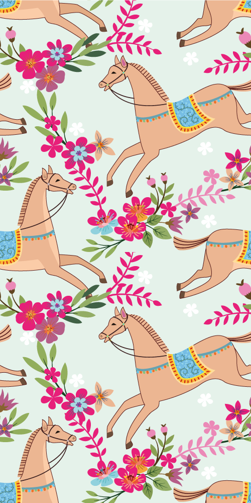 Vinylmatta sovrum rosa blommor hästmönster - Tenstickers