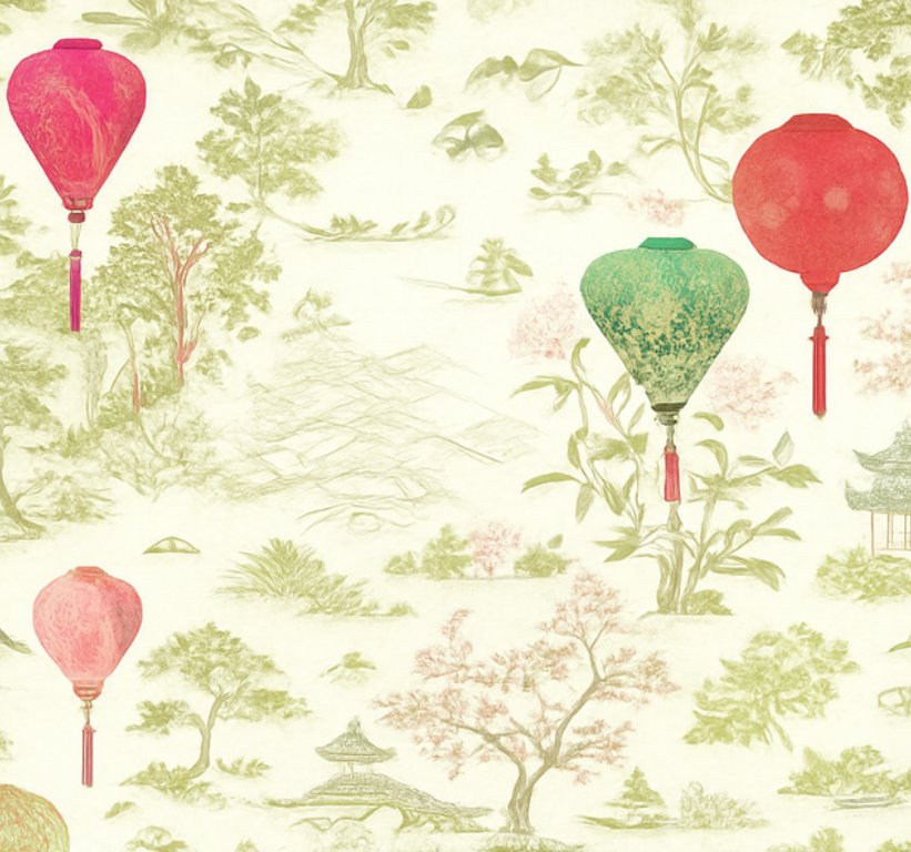 Vinylmatta sovrum oriental chinoiserie landskap - Tenstickers