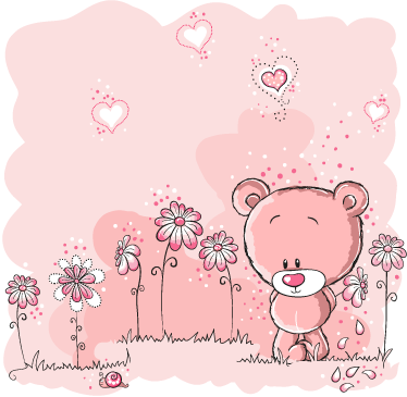Vinylmatta barn rosa björn och blommor - Tenstickers