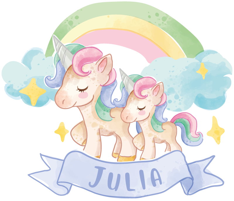 Vinylmatta barn glada enhörningar över en regnbåge - Tenstickers