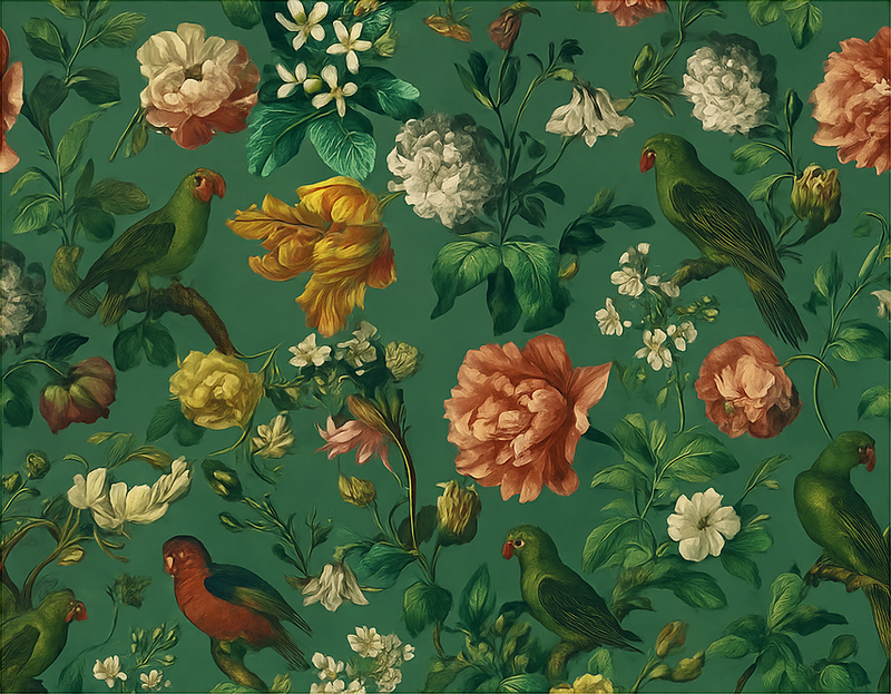 Vinylmatta sovrum mörkgrön blommor och fåglar design - Tenstickers