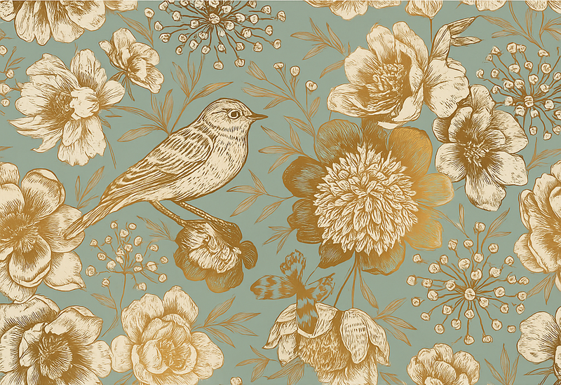 Vinylmatta sovrum grå bakgrund med guldblommor - Tenstickers