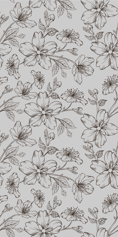 Vinylmatta sovrum ritade svarta blommor på grå bakgrund - Tenstickers