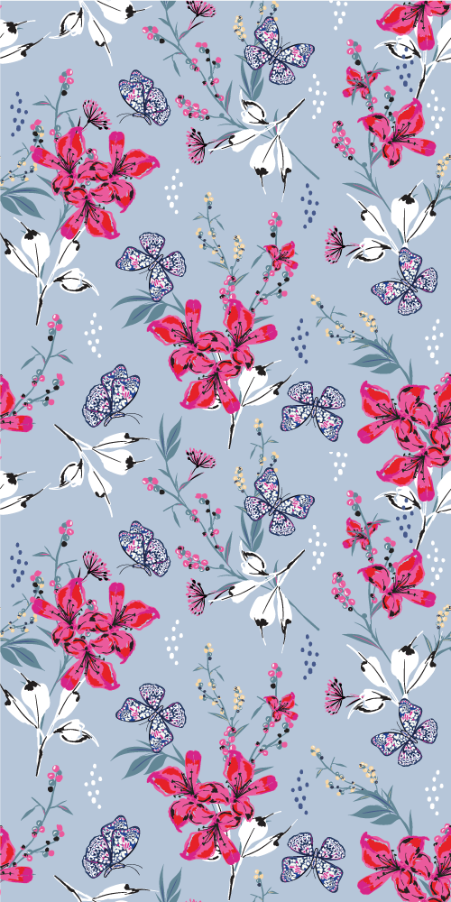 Vinylmatta natur abstrakta röda blommor med fjärilar - Tenstickers