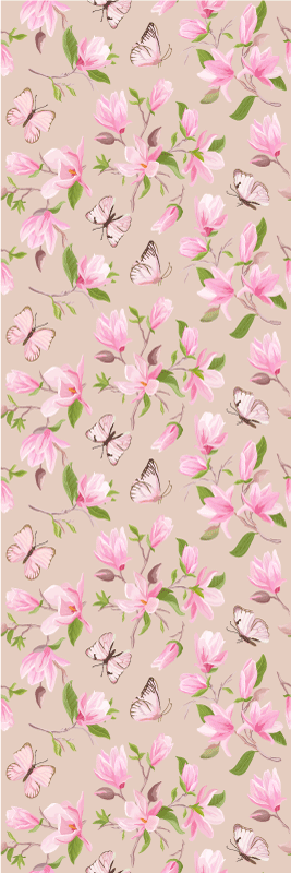 Vinylmatta natur med design av rosa magnolia och fjärilar - Tenstickers