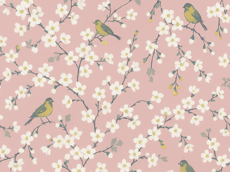Vinylmatta natur pink orchard birds - Tenstickers
