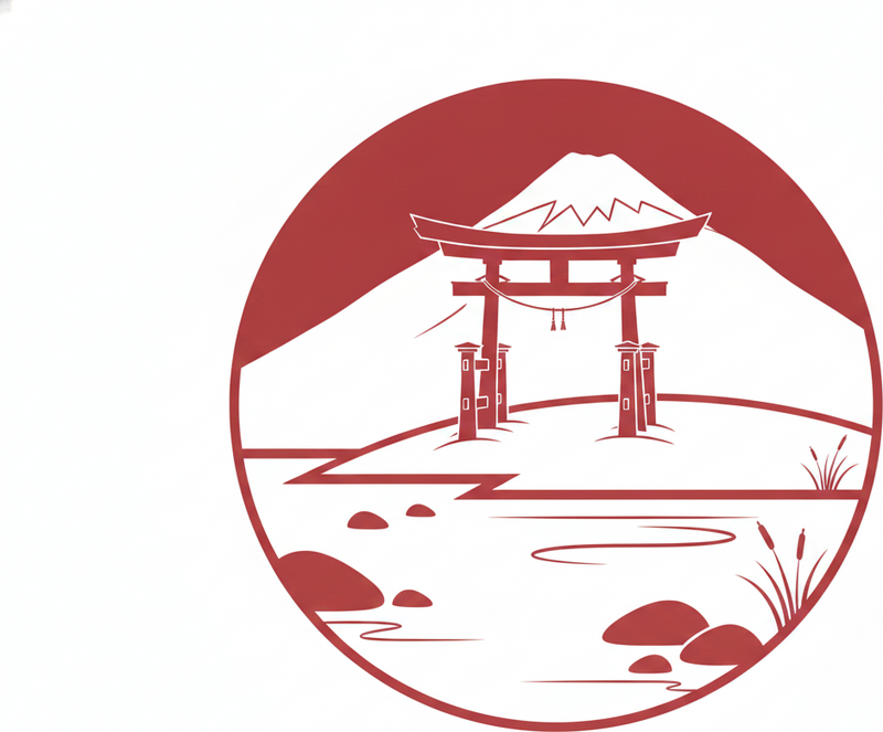 Vinylmatta röd japansk struktur med sjö och berg - Tenstickers