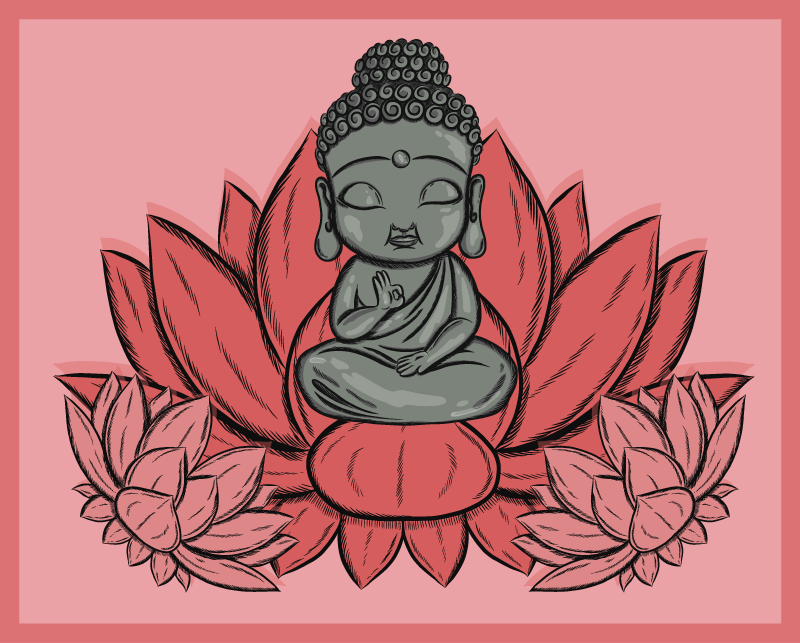 Lotus och tecknad buddha blommig matta - Tenstickers