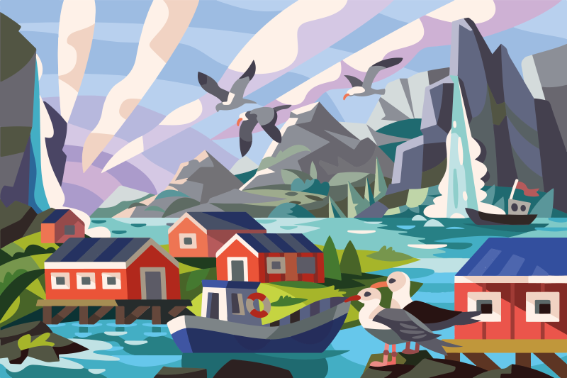 Norsk liten by med natur etnisk matta - Tenstickers