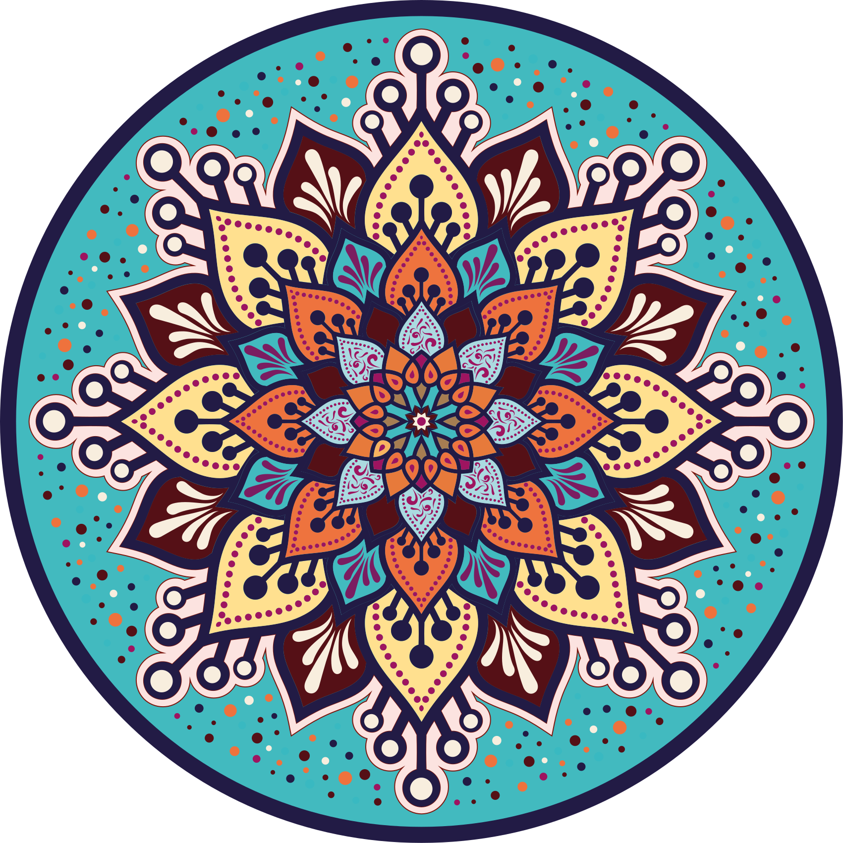 Blå och orange solform mandala vinylmatta - Tenstickers