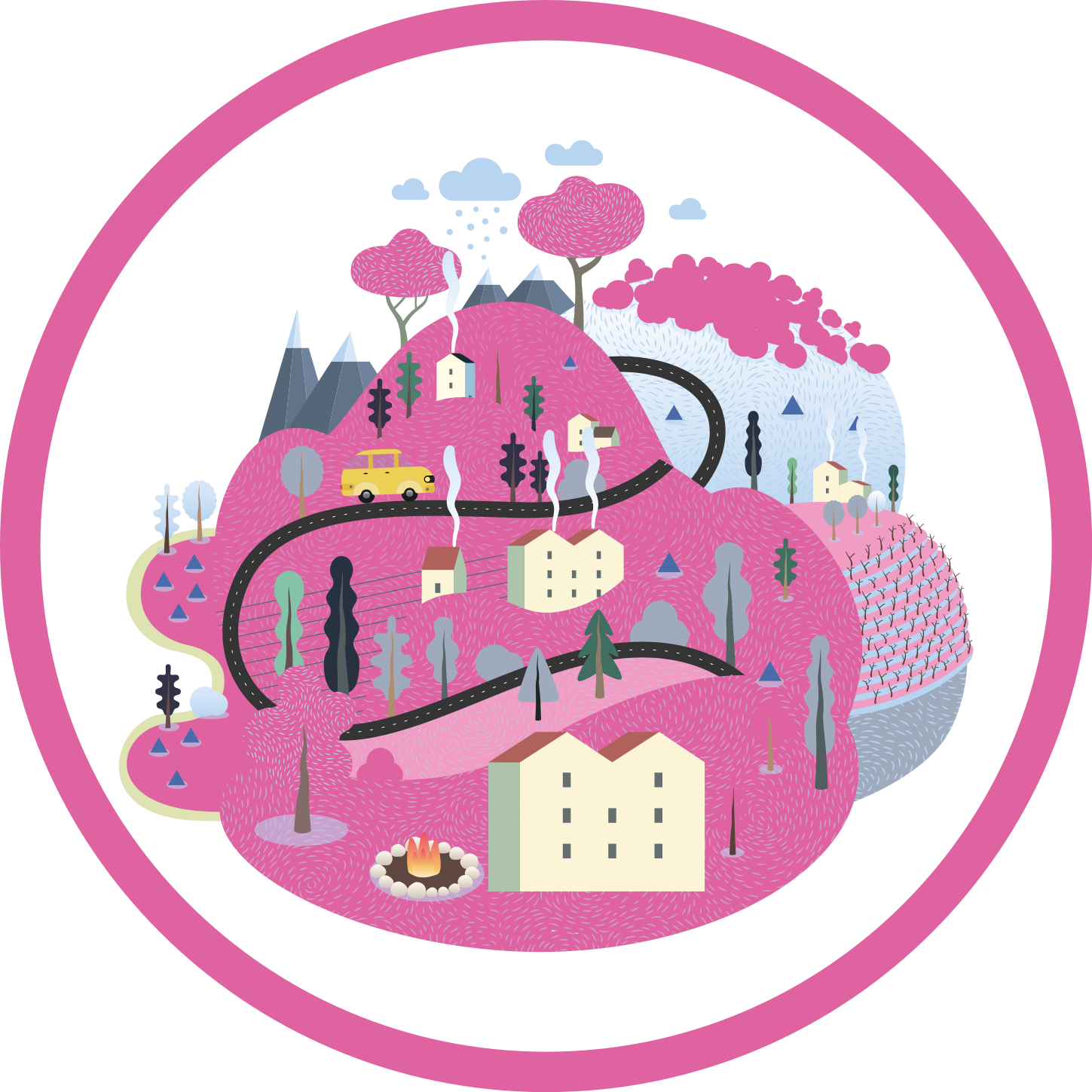 Rosa berg med hus barn vinyl matta - Tenstickers