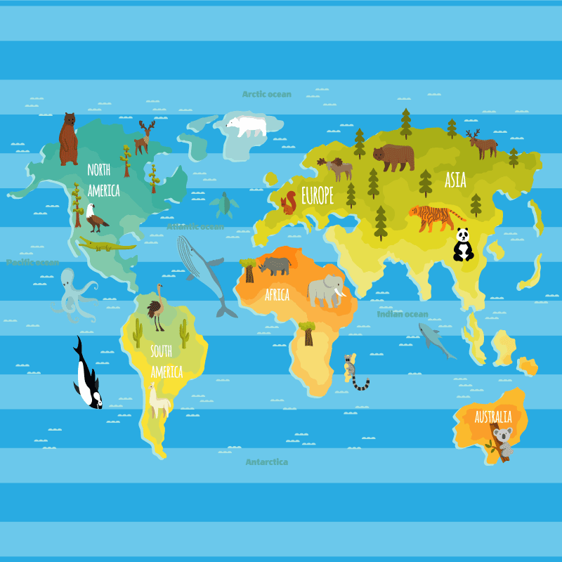 Typiska djur på kontinenterna världskarta matta - Tenstickers