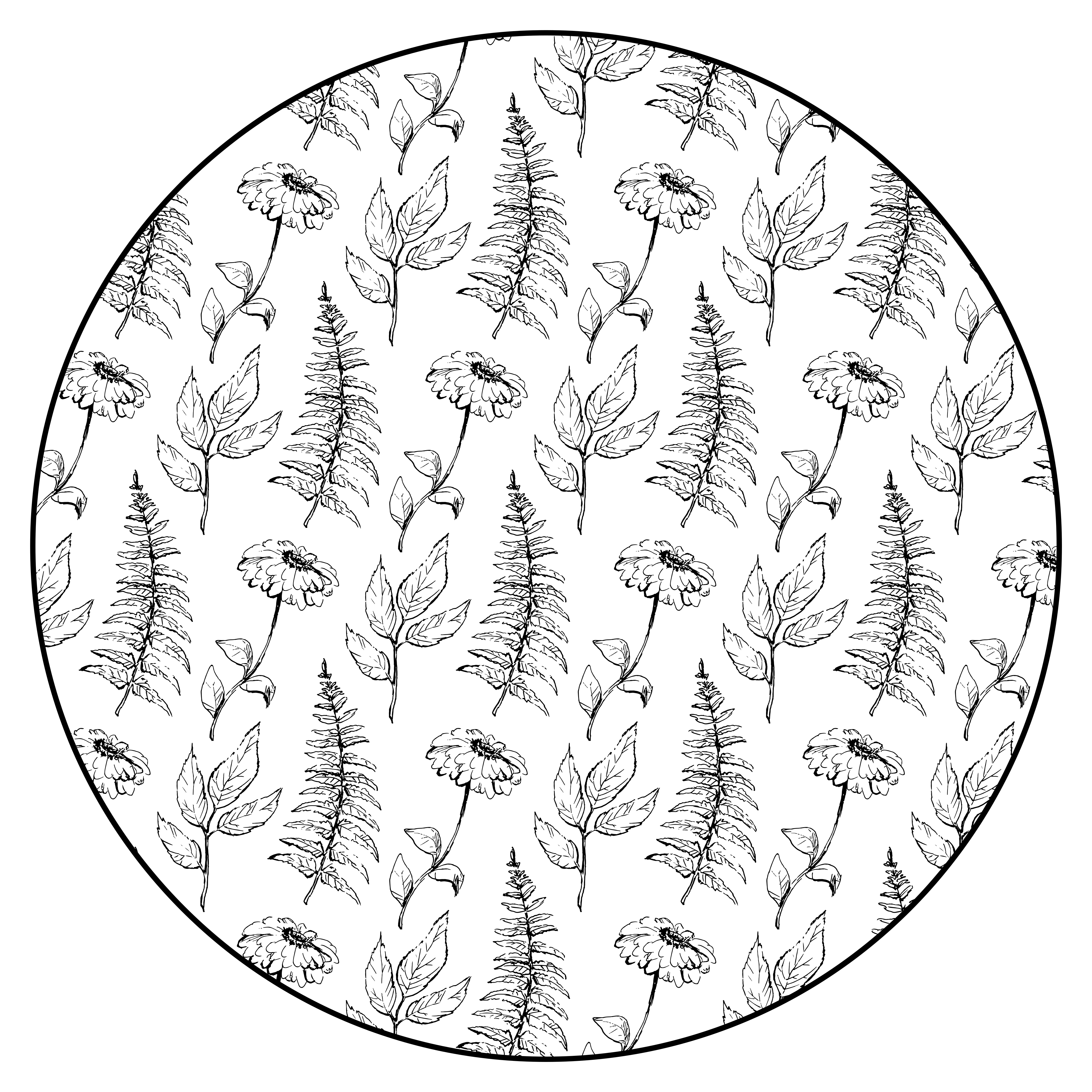 Blommig svart kontur Vinylmatta Cirkulär - Tenstickers