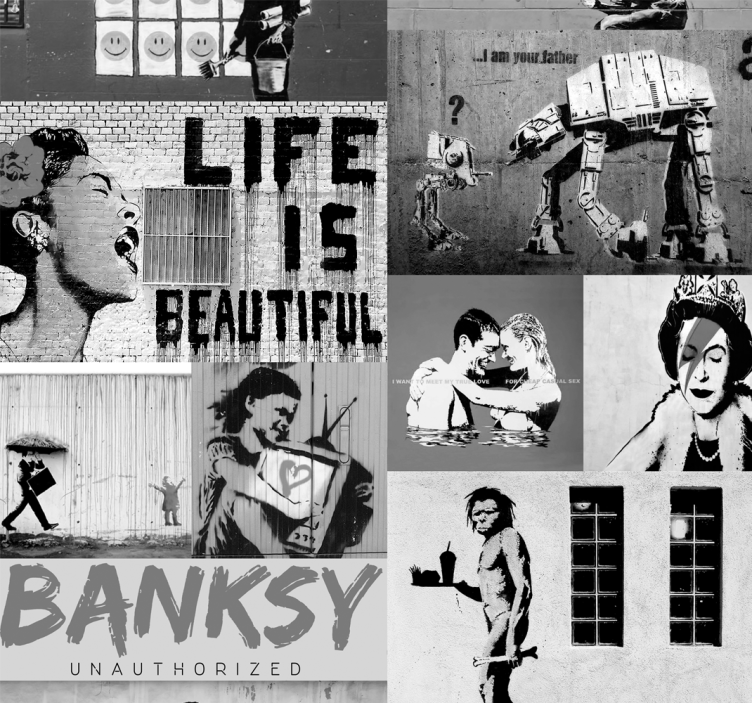 Konst tapet banksy - grå collage - Tenstickers