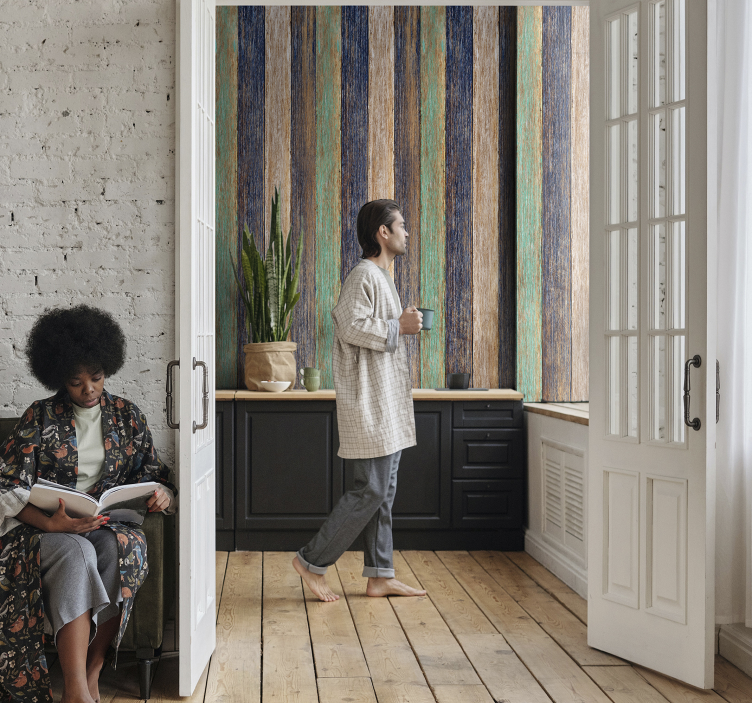 Blå och brun laminat trä effekt tapet - Tenstickers