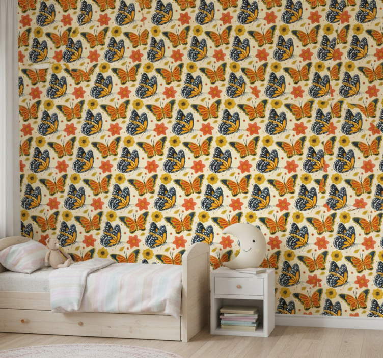 Barn tapet fjärilar blommönster - Tenstickers