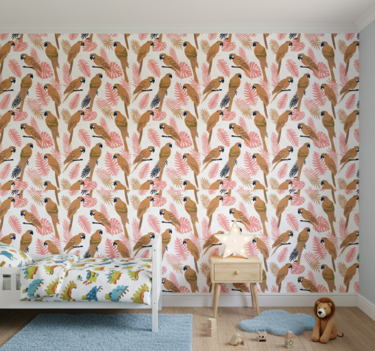 Barn tapet orange papegojor med rosa blommor - Tenstickers