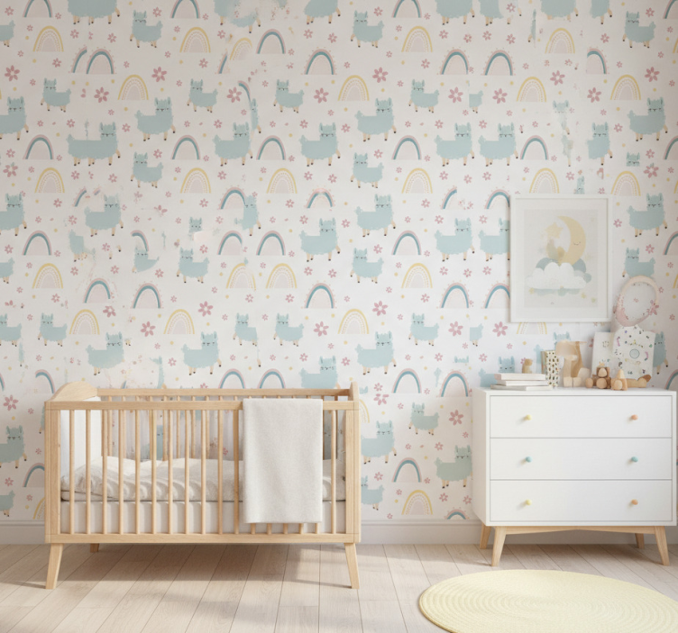 Barn tapet söta lamor och regnbågar - Tenstickers