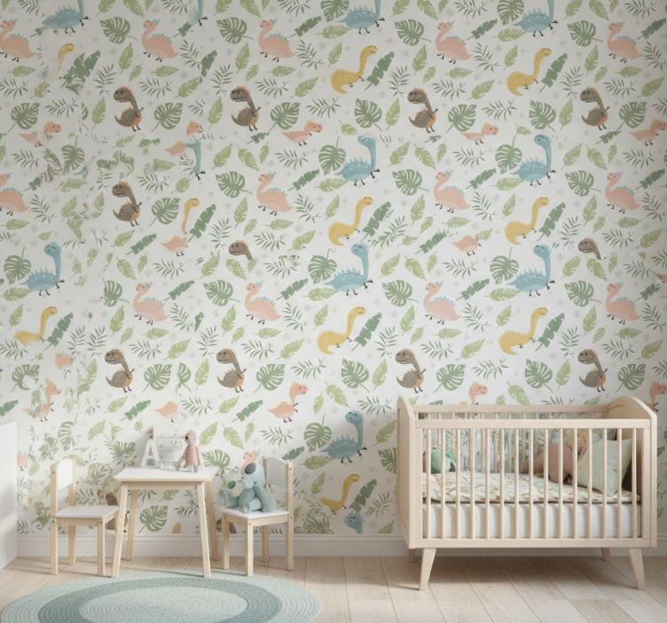 Dinosaurie tapet pastellfärgad skog med dinosaurer - Tenstickers