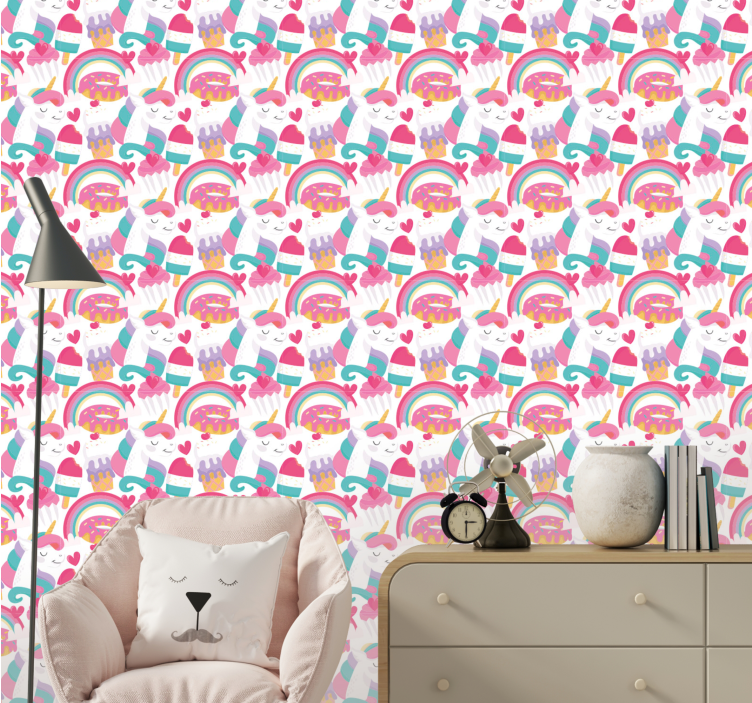 Enhörningar med en regnbåge barntapet - Tenstickers