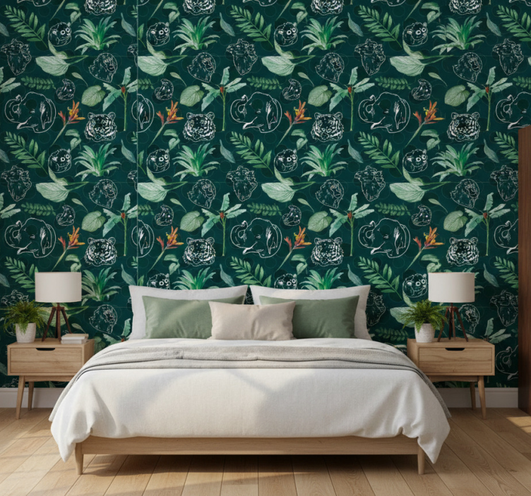 Färgglada djungeldjur och träd tapet sovrum - Tenstickers