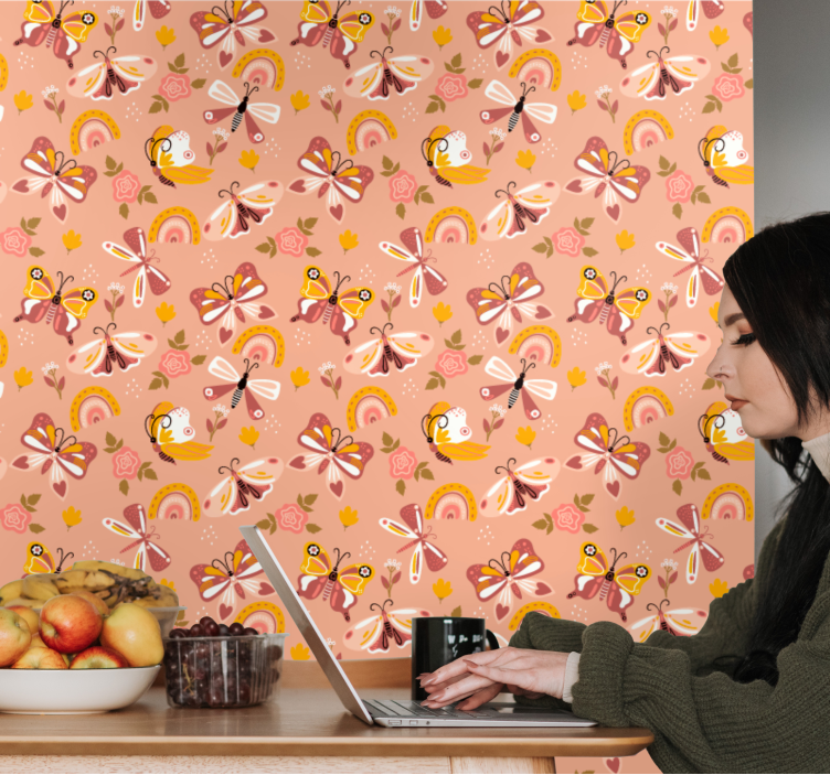 Fjärilsfloramönster Tapet fjärilar - Tenstickers