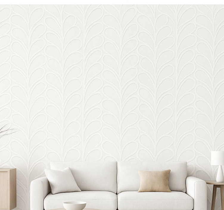 Fondtapet vardagsrum 3d vit bladtextur - Tenstickers