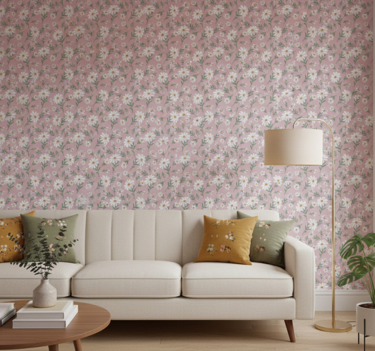 Fondtapet vardagsrum 70-tals prästkrage rosa - Tenstickers