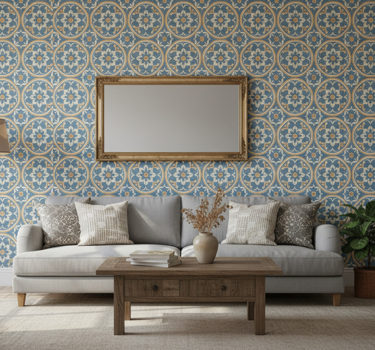 Fondtapet vardagsrum azulejo stilmat - Tenstickers