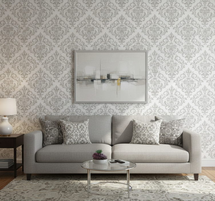 Fondtapet vardagsrum barockgrått mönster - Tenstickers