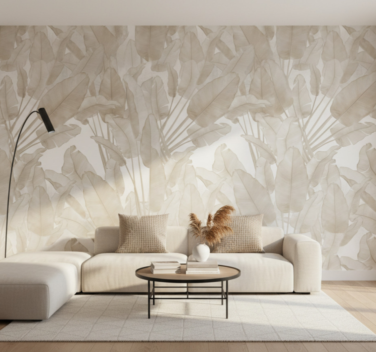 Fondtapet vardagsrum beige bananblad - Tenstickers