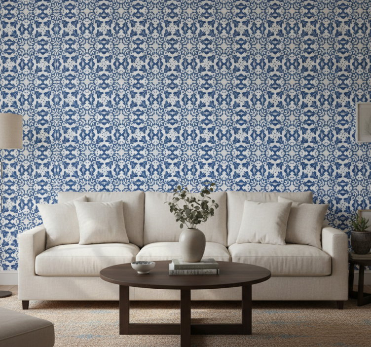 Fondtapet vardagsrum blått vintage mönster - Tenstickers