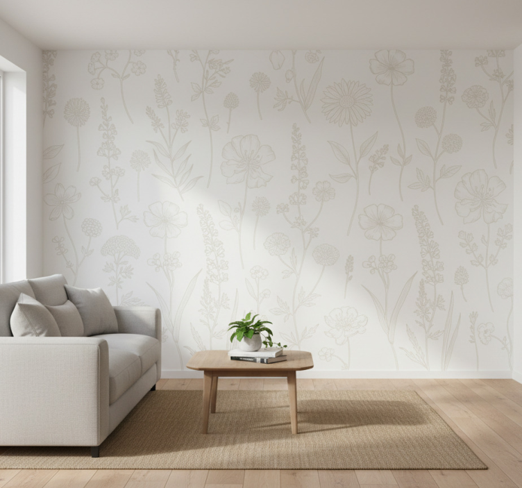 Fondtapet vardagsrum botanisk skissstig - Tenstickers