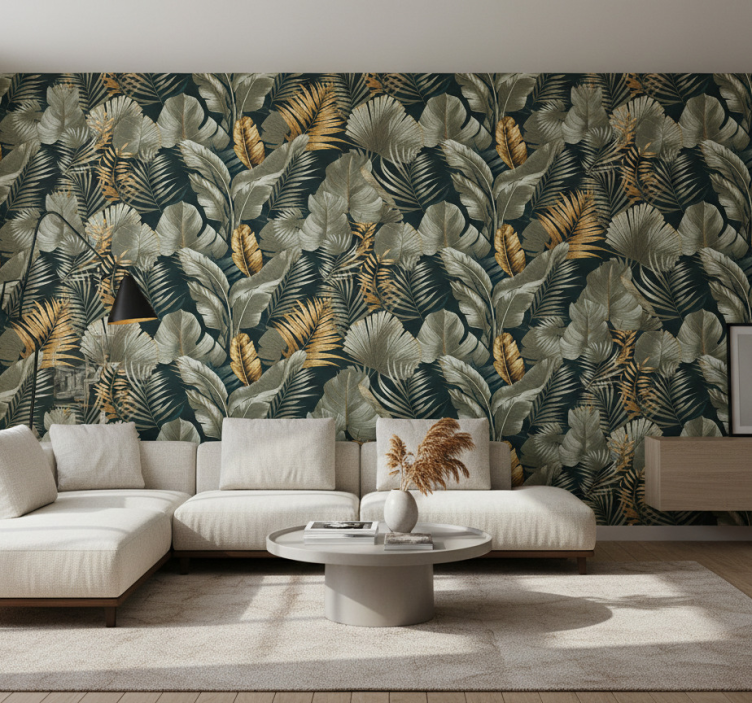 Fondtapet vardagsrum botaniska och blommönster - Tenstickers